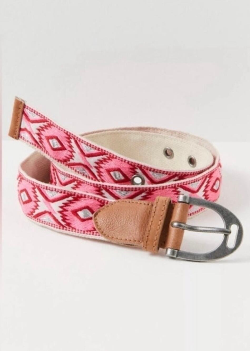 Free People Moving To Mars Cotton Leather Aztec Print Belt Pink White Size S/M